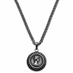 Lucleon Sanctus | Collier en acier argenté vintage à l'effigie d'Elizabeth II