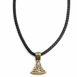 Fort Tempus Collier en cuir noir et pendentif nordique doré