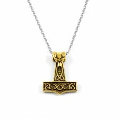 Fort Tempus Collier en acier avec marteau de Thor doré