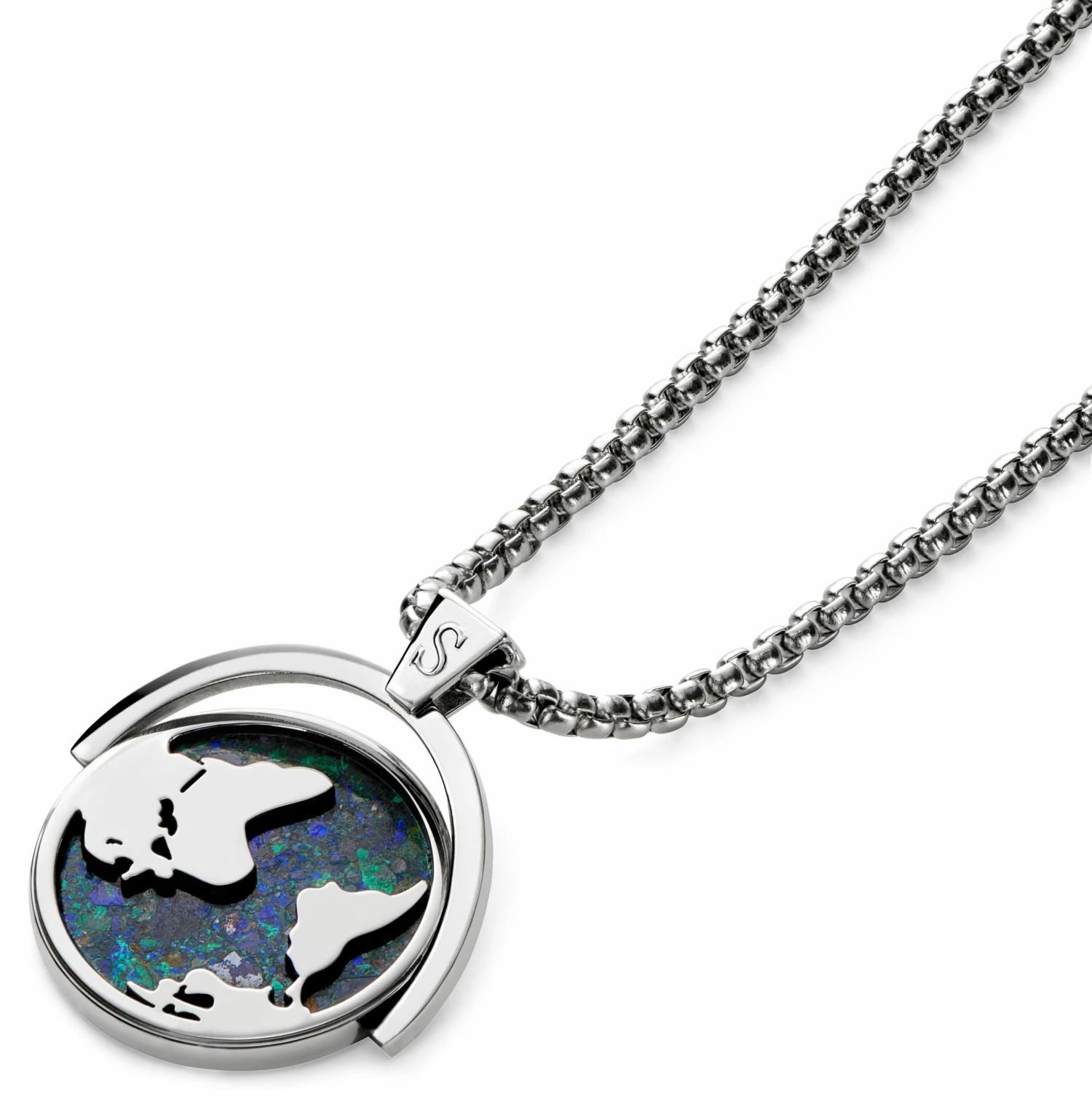 Arkai Atlas | Collier en acier inoxydable argenté à pendentif rotatif mappemonde en azurite et malachite 8 Arkai Atlas | Collier en acier inoxydable argenté à pendentif rotatif mappemonde en azurite et malachite – Image 6