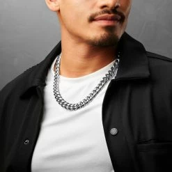 Lucleon Collier à maillons en acier argenté 12 mm -Colliers Soldes ste megashoot 22104 2 5